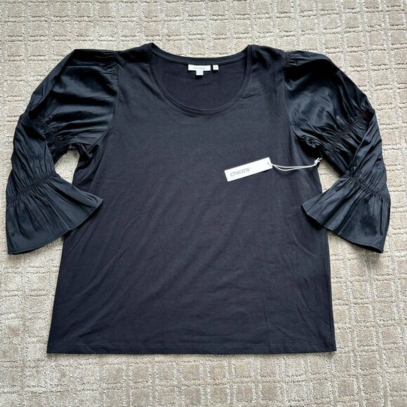 Chicos Tops - Chicos Peasant Shirt Women's 2 / L Black Gathered Tier 3/4 Sleeve Dark Romantic